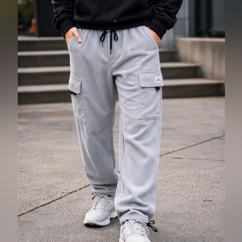 TAPATA men’s Corduroy Cargo Pants gray size large 30” Inseam Elastic Waist‎